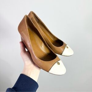 Tory Burch Brown White Leather Round Toe Stacked Wooden Wedge Heels